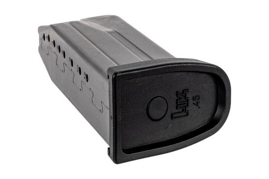 HK 12 round .45 ACP magazine for the Mark 23 handgun featires witness holes.